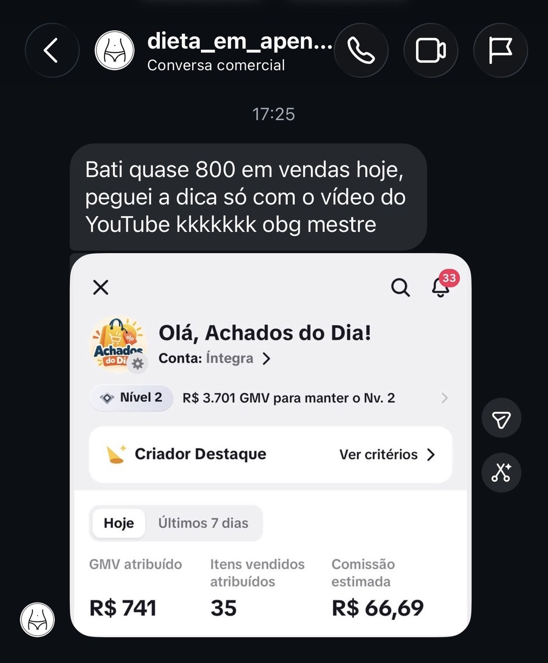 Depoimento de aluno: quase R$800 em vendas em um dia no TikTok Shop