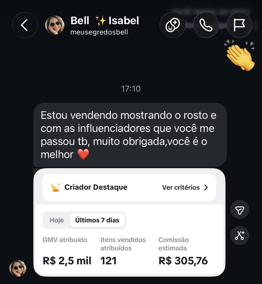 Depoimento da Bell: vendendo com as influenciadoras de IA, R$2,5 mil de GMV em 7 dias