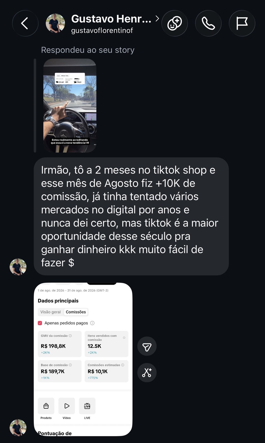 Depoimento do Gustavo: mais de R$10 mil de comissão em agosto no TikTok Shop