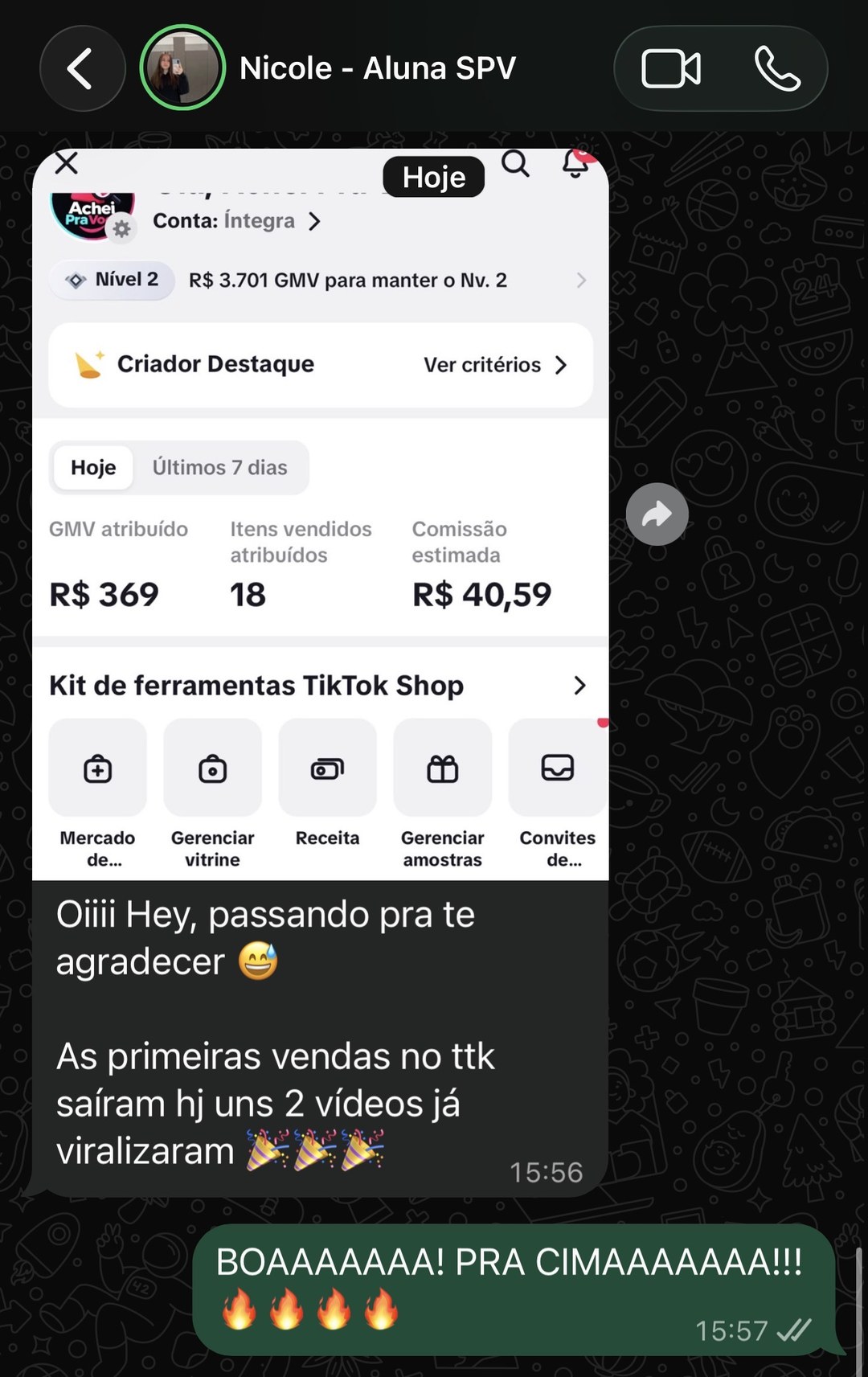 Depoimento da Nicole, aluna do SPV, com as primeiras vendas no TikTok Shop