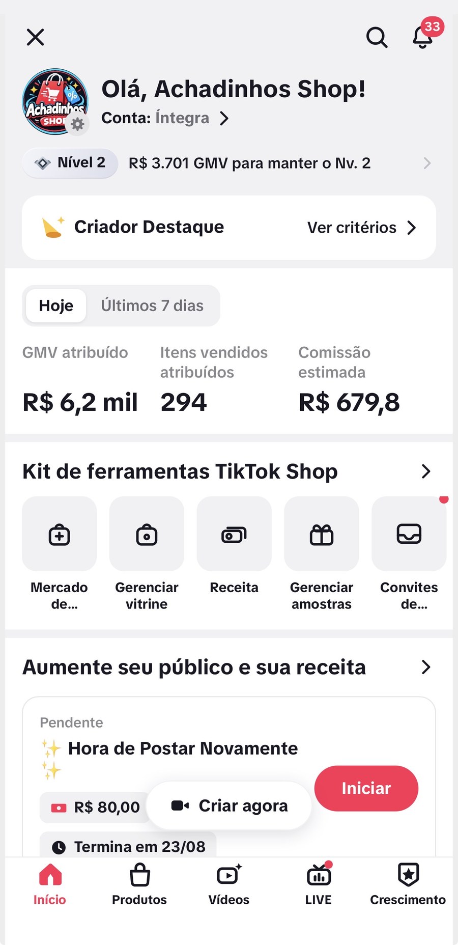 Painel do TikTok Shop com vendas e comissão